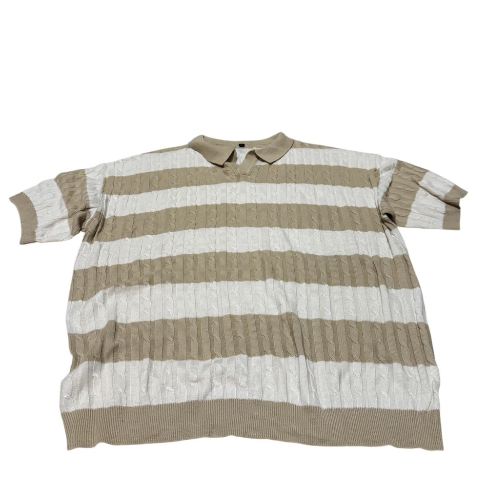Men's Striped Cable Knit Polo Sweater - Beige and White Size L